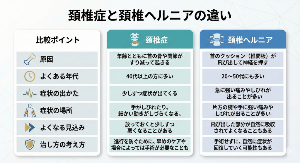 頚椎症とヘルニアの比較表
