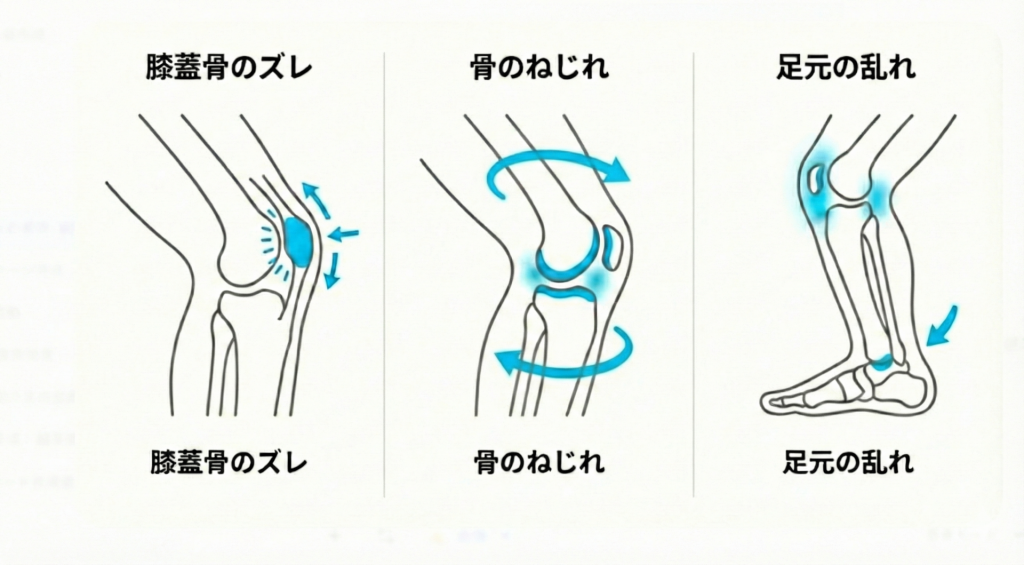 膝の痛みの原因図解：膝蓋骨のズレ、骨のねじれ、足元の乱れ